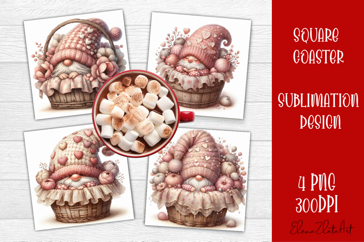 Valentines Gnome. Cute Gnome and pink roses Square Coaster