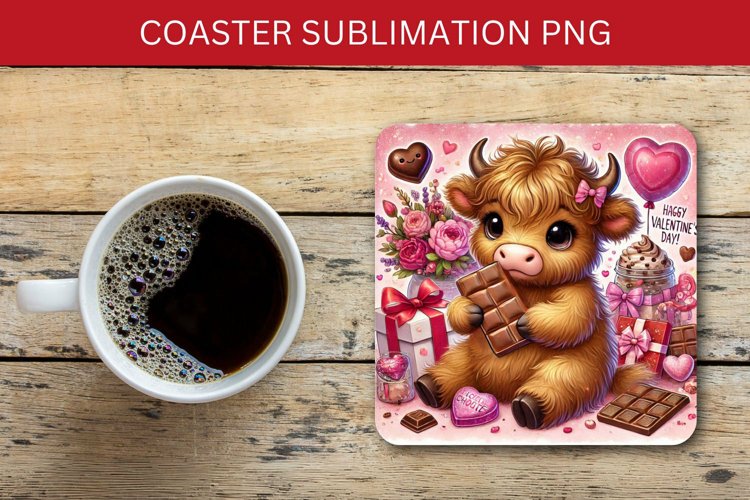 valentine square coaster - baby highland cow with chocolate example image 1