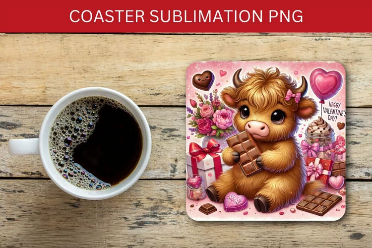 valentine square coaster - baby highland cow with chocolate
