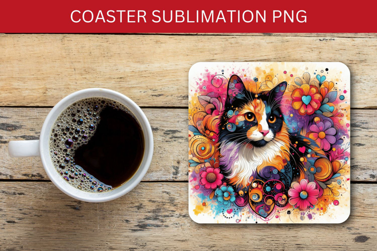square coaster - floral cat