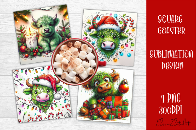 Funny christmas cow square coasters, Animals sublimation