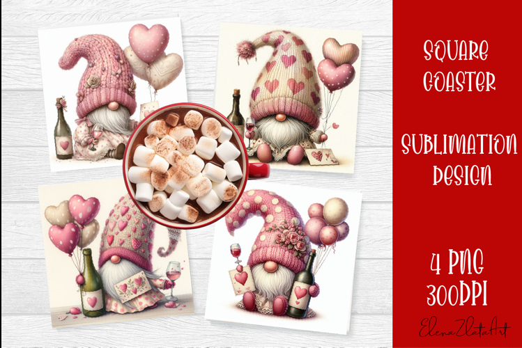 Valentines Gnome. Cute Gnome and pink roses Square Coaster