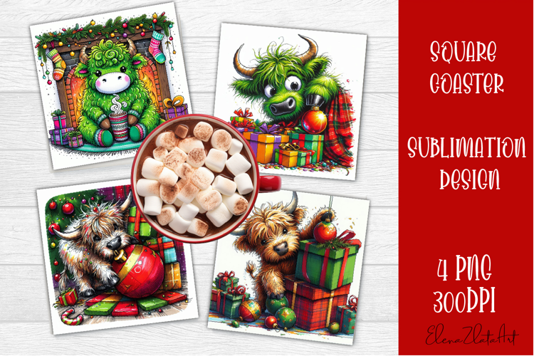 Funny christmas cow square coasters, Animals sublimation
