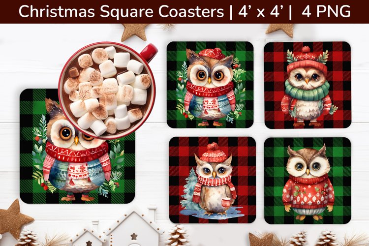 Christmas Owl, Square Christmas Coasters, Cute owl example image 1