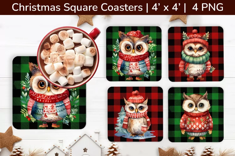 Christmas Owl, Square Christmas Coasters, Cute owl