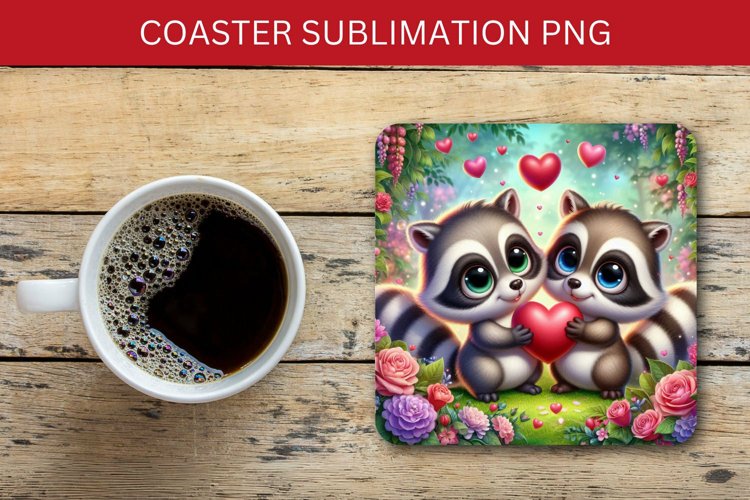 valentine square coaster - racoon couple