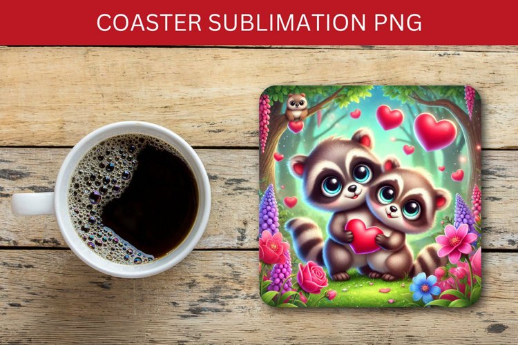 valentine square coaster - racoon couple