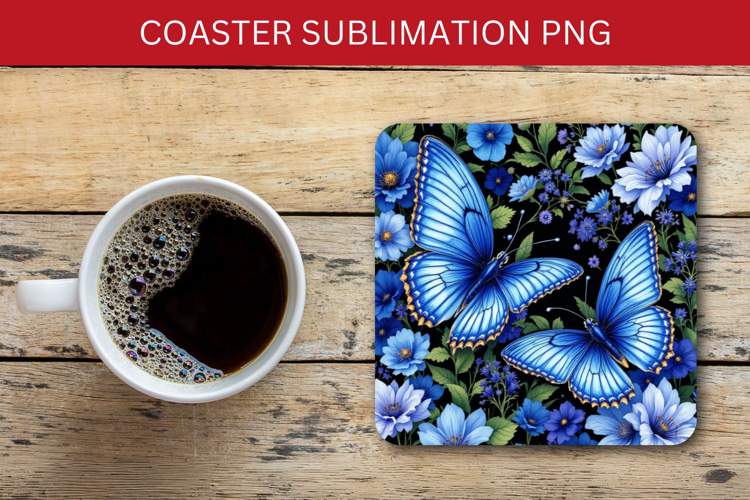 square coaster - blue floral butterfly