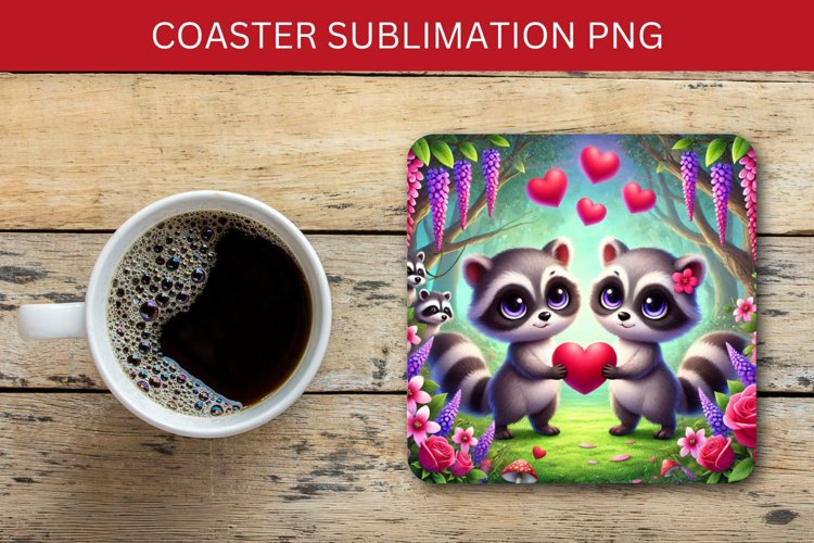 valentine square coaster - racoon couple
