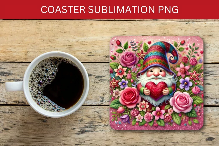valentine square coaster - floral gnome