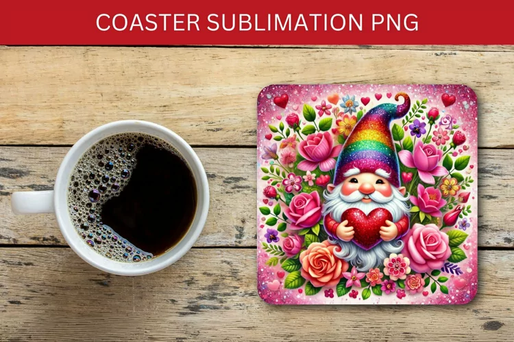 valentine square coaster - floral gnome