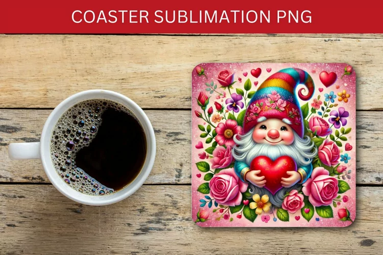 valentine square coaster - floral gnome