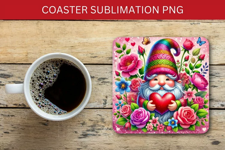 valentine square coaster - floral gnome