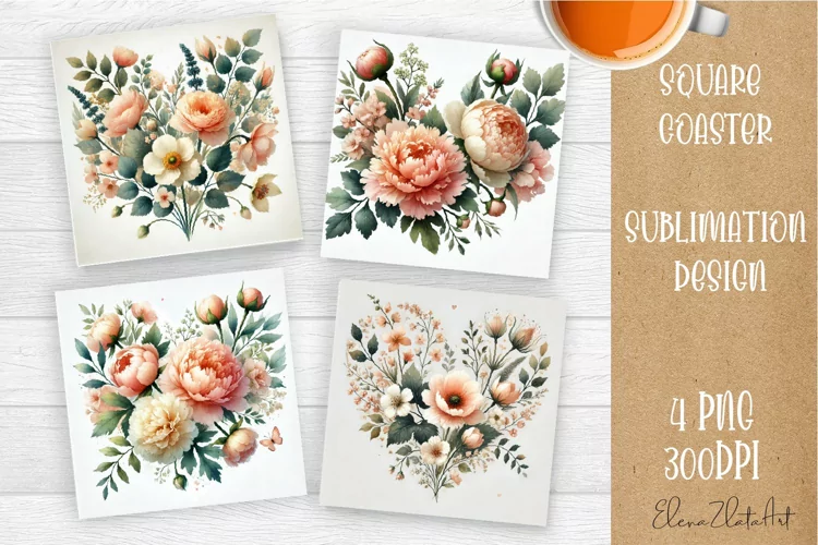 Flowers Square Coasters, Floral Sublimation Design
