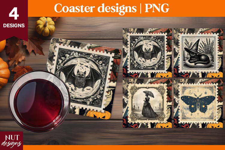 Vintage Postage Stamp Halloween coaster Bat Moth Black Cat