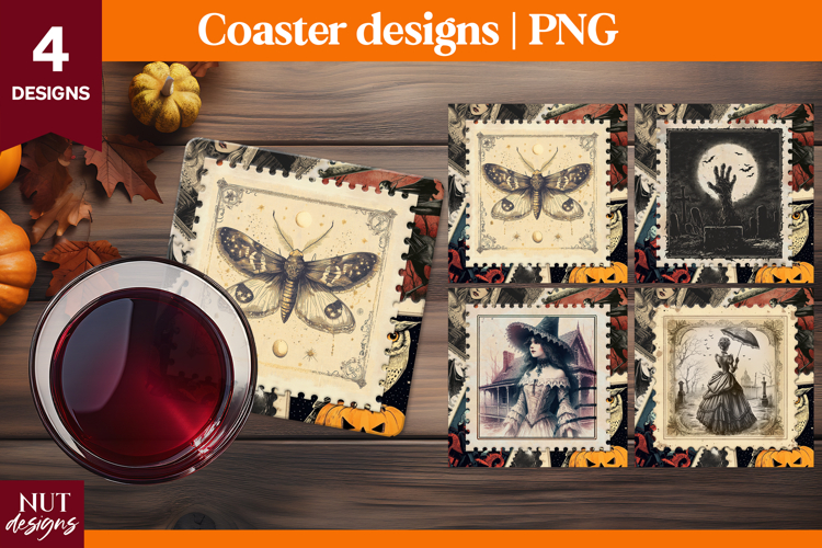 Vintage Postage Stamp Halloween coaster Moth Witch Grave