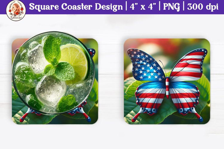 Patriotic Sublimation Coaster, Square Coaster, Butterfly