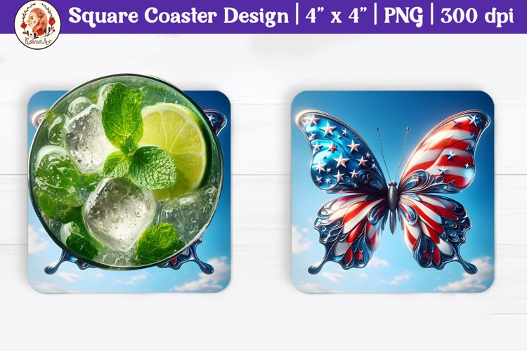 Patriotic Sublimation Coaster, Square Coaster, Butterfly