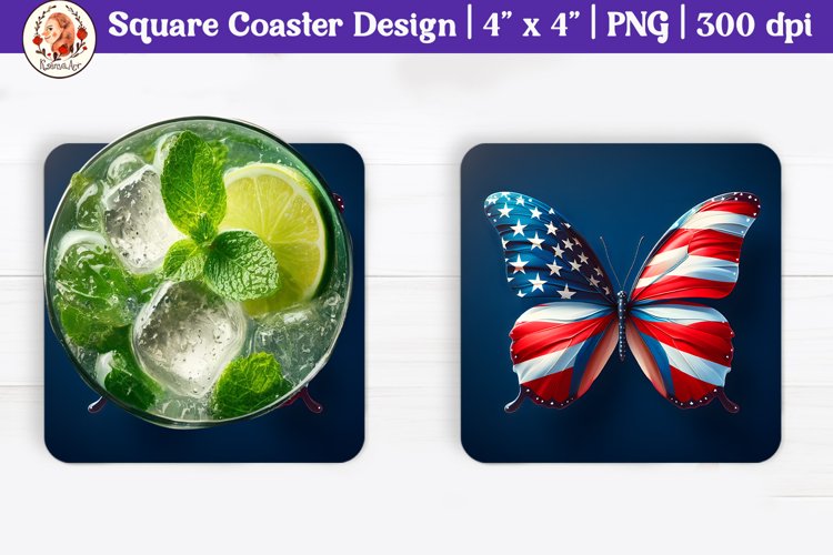 Patriotic Sublimation Coaster, Square Coaster, Butterfly