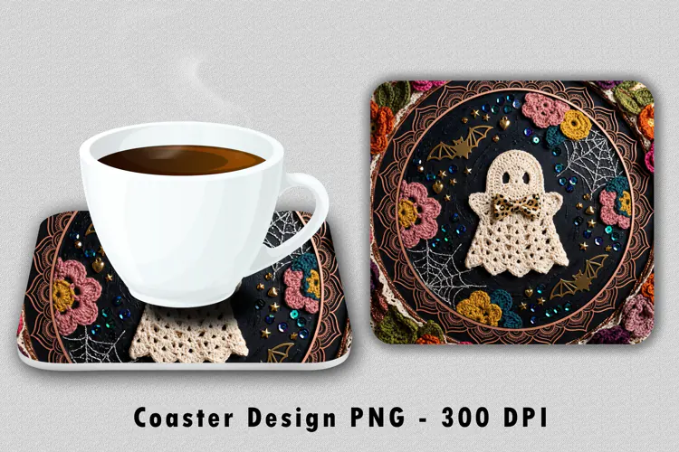Crochet Ghost Coaster Sublimation PNG 300 DPI