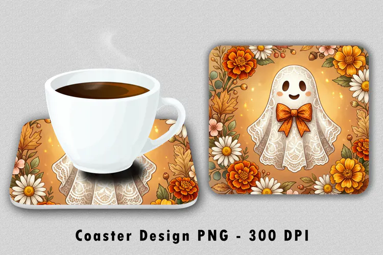 Cute Lace Ghost Coaster Sublimation PNG 300 DPI