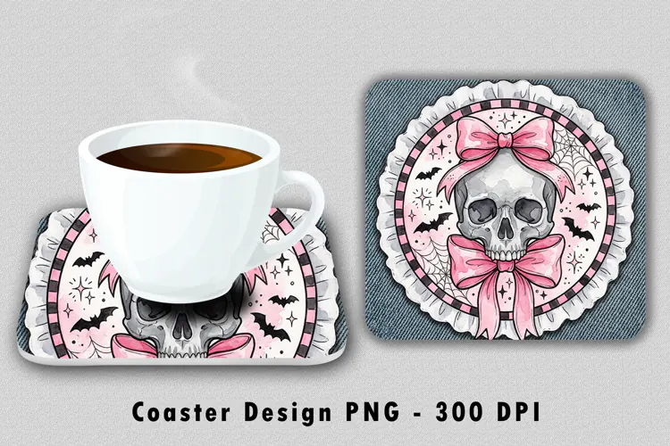 Pink Coquette Skull Coaster Sublimation PNG 300 DPI
