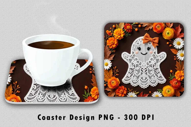 Cute Lace Ghost Coaster Sublimation PNG 300 DPI