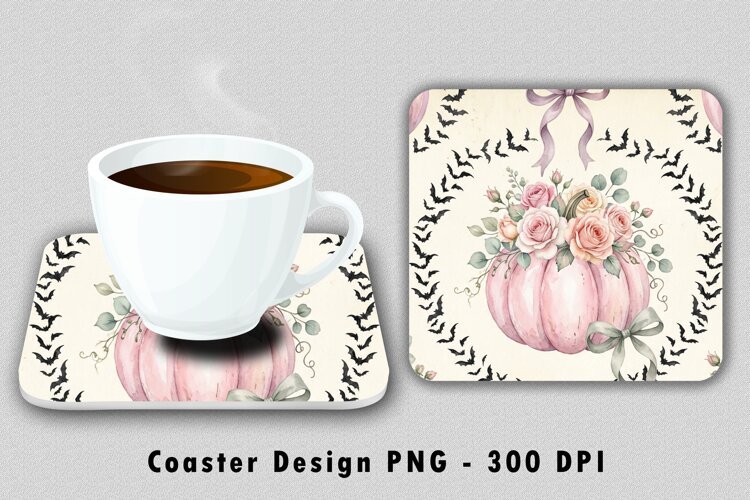 Pink Floral Pumpkin Halloween Coaster Sublimation PNG 300 DP example image 1