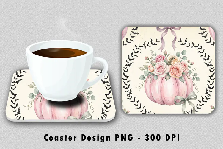 Pink Floral Pumpkin Halloween Coaster Sublimation PNG 300 DP