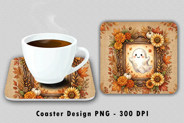 Cute Ghost Fall Coaster Sublimation PNG Design 300 DPI