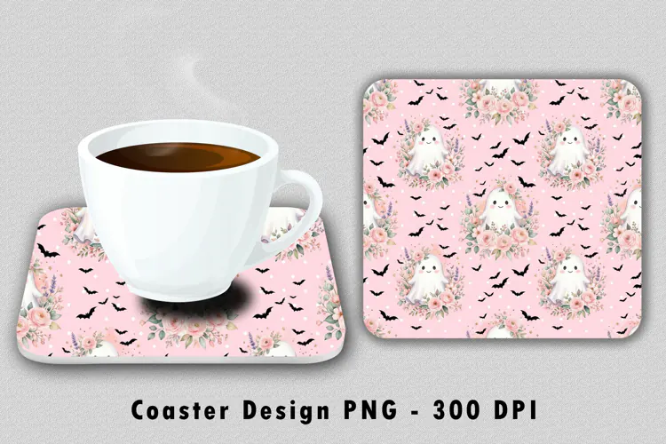 Pink Pastel Floral Ghost Coaster PNG Sublimation 300 DPI