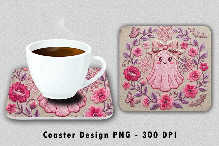 Pink Ghost Floral Square Coaster PNG