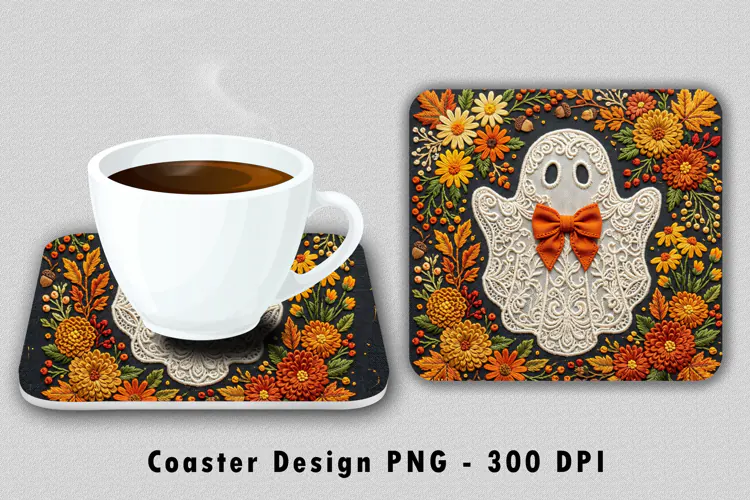 Autumn Ghost Floral Square Coaster PNG