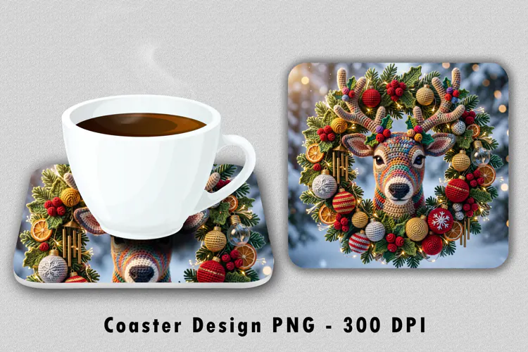Crochet Reindeer Wreath Coaster PNG Sublimation Graphic