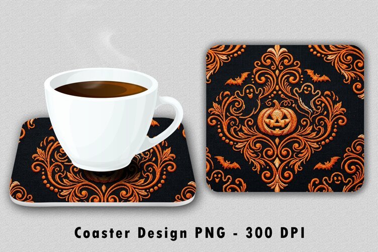 Embroidered Damask Pumpkin Coaster Sublimation PNG example image 1