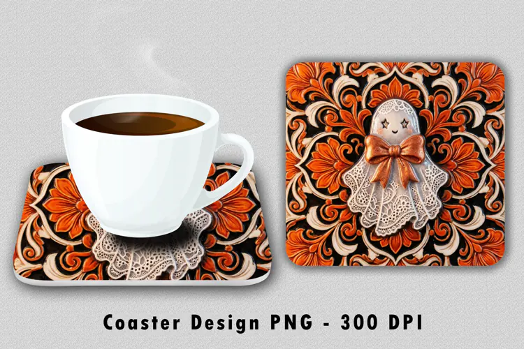 Lace Ghost Tooled Leather Coaster PNG Sublimation Design