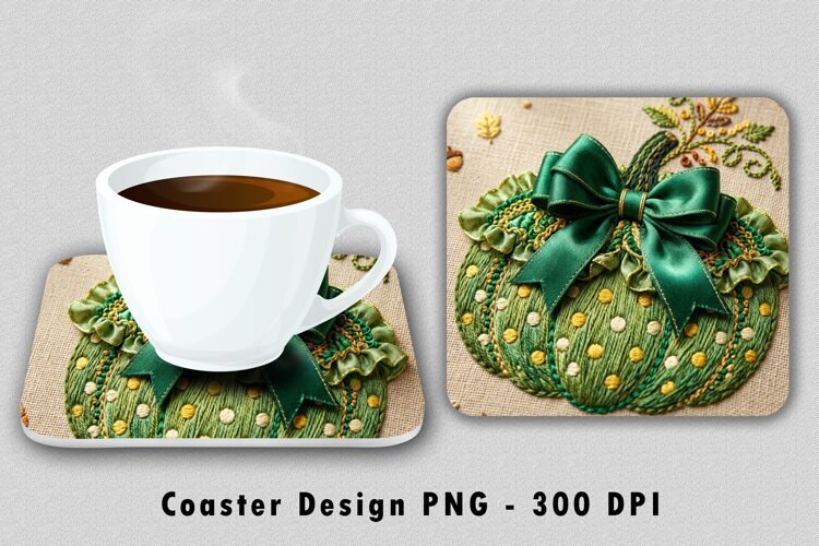 Green Pumpkin Coaster PNG Fall Embroidered Ribbon Sublimatio example image 1