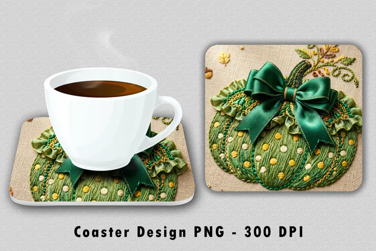 Green Pumpkin Coaster PNG Fall Embroidered Ribbon Sublimatio