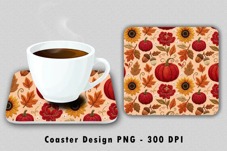 Embroidered Autumn Pumpkin Coaster Sublimation PNG
