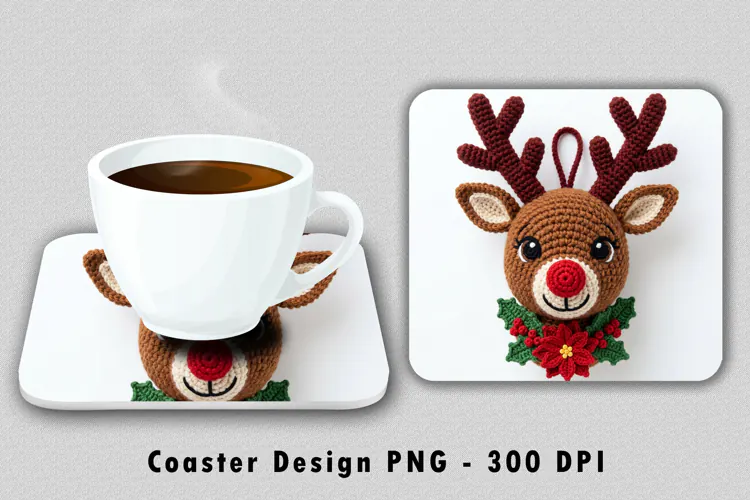 Crochet Reindeer Coaster Sublimation PNG 300 DPI
