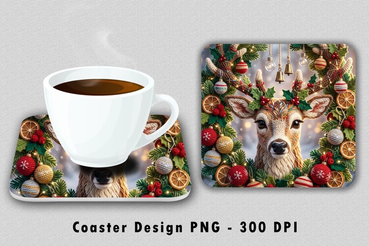 Christmas Deer Coaster PNG Holiday Wreath Sublimation Design example image 1