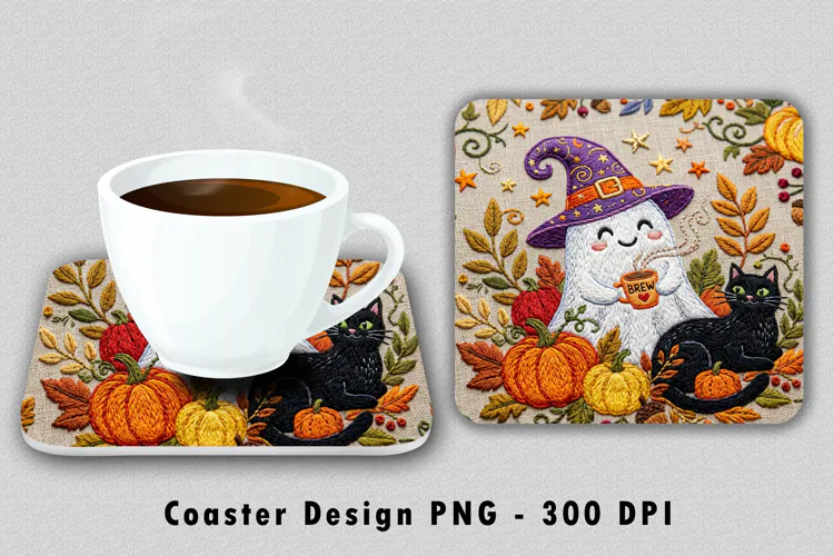 Embroidered Witch Ghost Coaster PNG Black Cat Sublimation