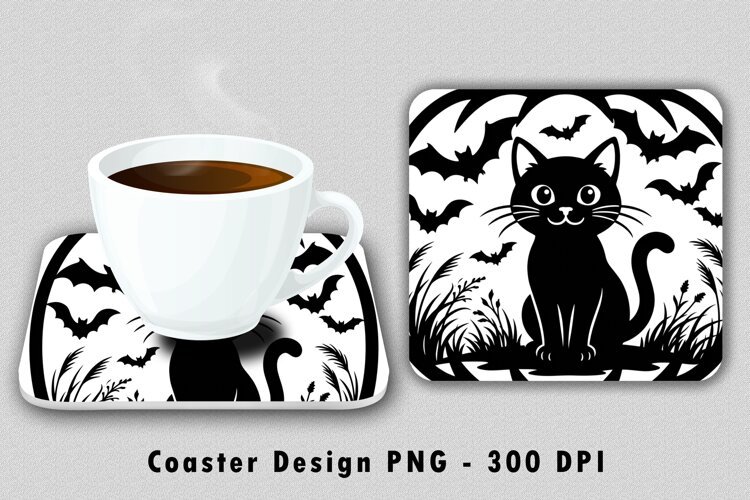 Black Cat Halloween Coaster PNG Sublimation Design Graphic example image 1