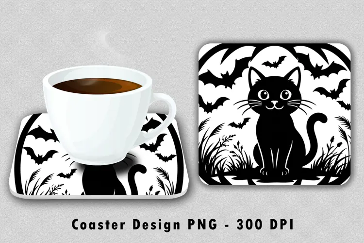 Black Cat Halloween Coaster PNG Sublimation Design Graphic