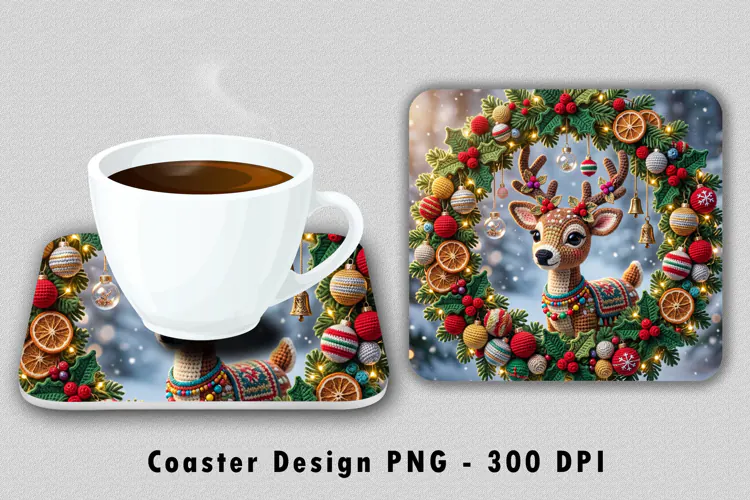 Crochet Christmas Reindeer Coaster PNG Wreath Sublimation