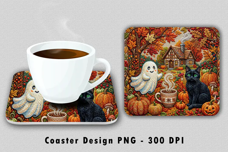 Fall Ghost Black Cat Coaster PNG Sublimation Design