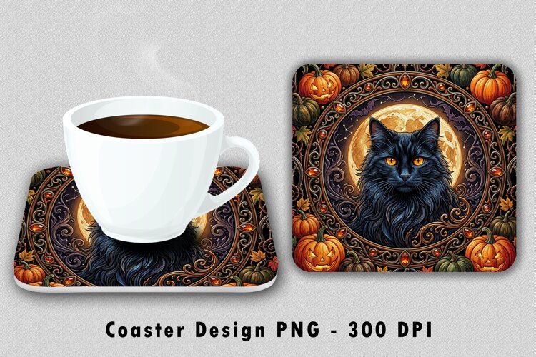 Black Cat Coaster PNG Halloween Sublimation Art example image 1
