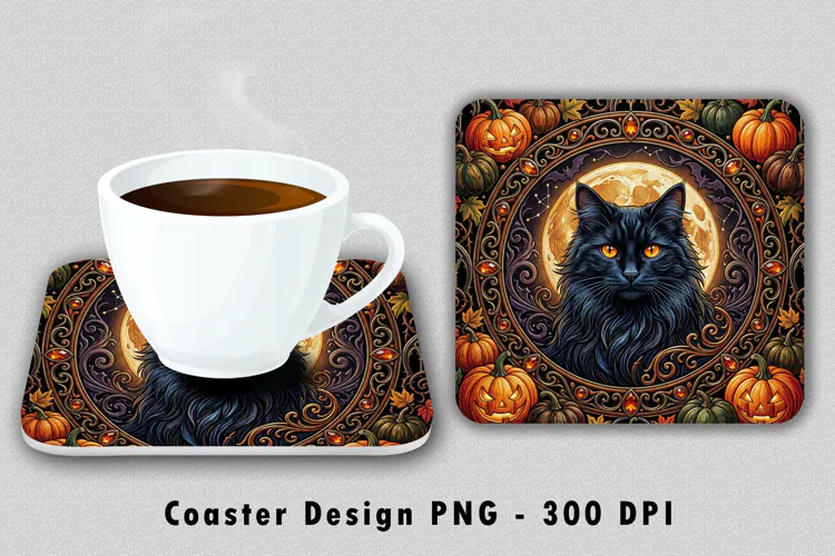 Black Cat Coaster PNG Halloween Sublimation Art