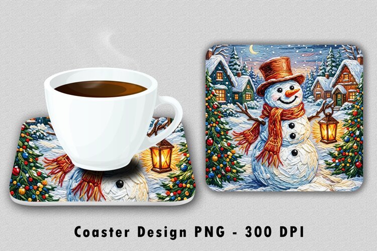 Winter Snowman Village Coaster Sublimation PNG Design example image 1