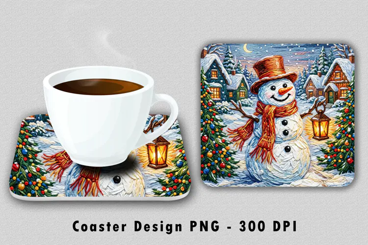 Winter Snowman Village Coaster Sublimation PNG Design